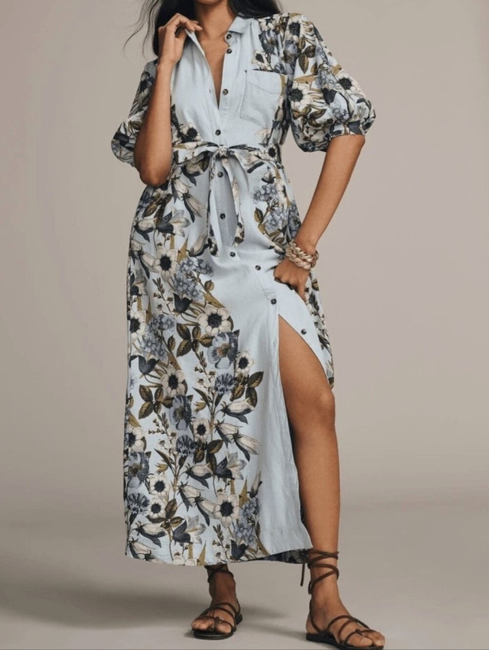Anthropologie Maeve Blue Floral Button-Front Maxi Dress with Tie Waist Sz Small